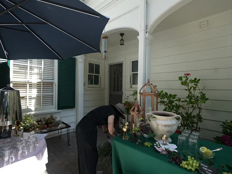 Beverage station on a covered porch at a Woodside gathering