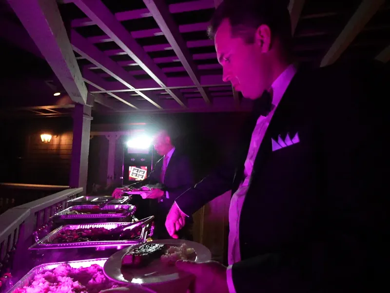 Evening buffet lit for a reception near the Stanford campus