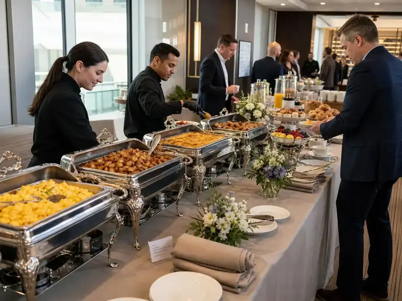 Palo Alto corporate breakfast catering displayed with upscale buffet equipment, floral accents, and professional event staff.