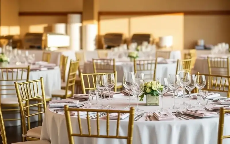 Palo Alto Catering Company reception seating arranged with upscale table rentals, white linens, and carefully placed glassware.