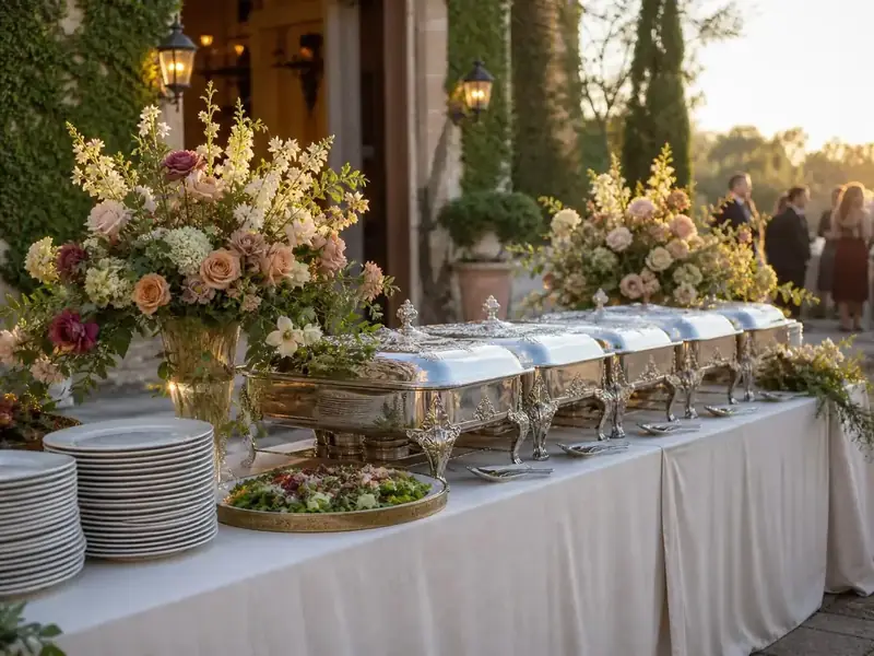 Palo Alto Catering Company presents a sophisticated catered buffet with layered flowers, greenery, salad, and elegant serving pieces.