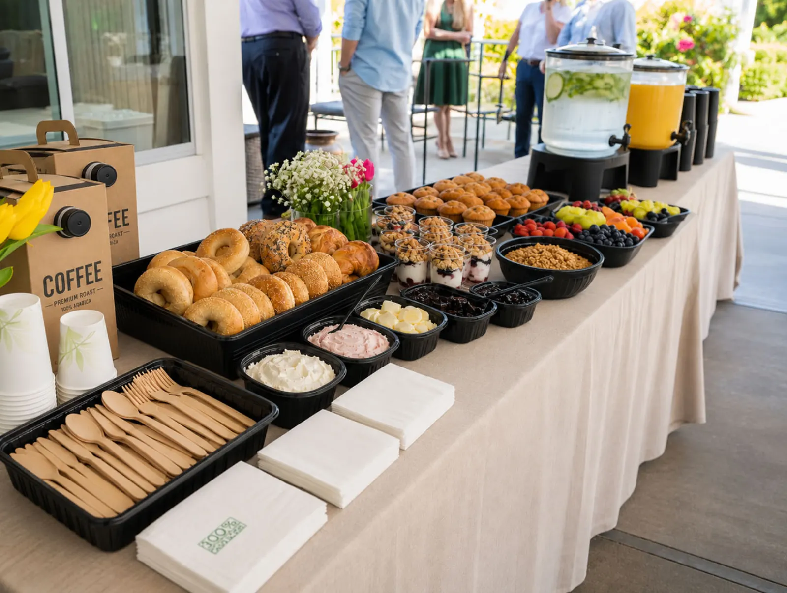 Drop-off continental breakfast display with bagels, muffins, yogurt parfaits with granola, fresh fruit and berries, coffee, iced water, and orange juice on a linen-draped outdoor buffet by Palo Alto Catering Company