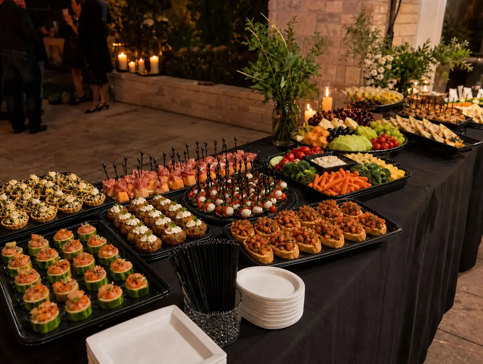 Elegant evening drop-off appetizer station with caprese skewers, prosciutto and melon, bruschetta, stuffed mushrooms, smoked salmon cucumber cups, artichoke tartlets, crudité, fresh fruit and cheese trays, and candlelit florals by Palo Alto Catering Company