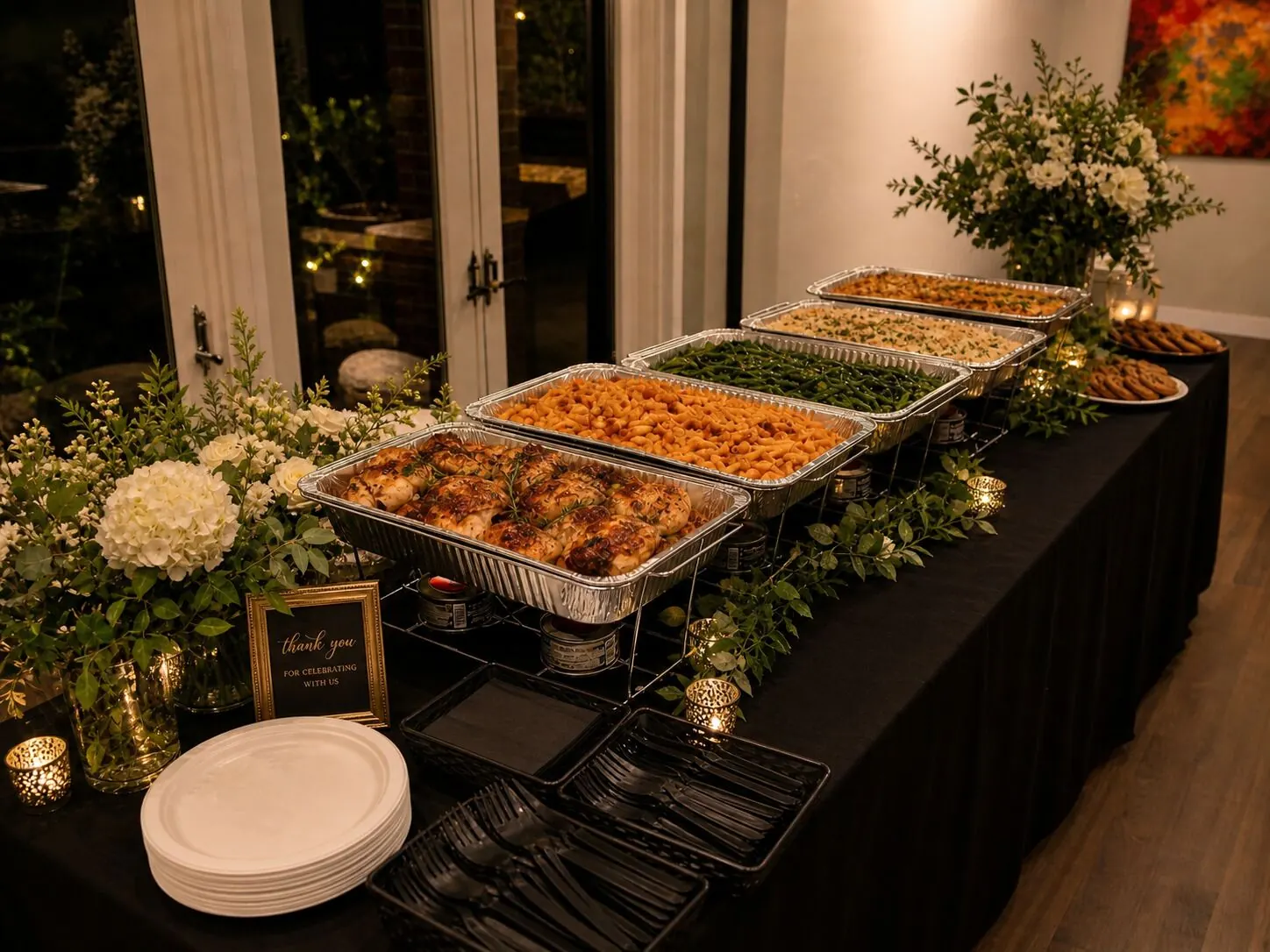 Delivered supper of roast chicken, baked pasta, green beans and rice finished with candlelight and small arrangements