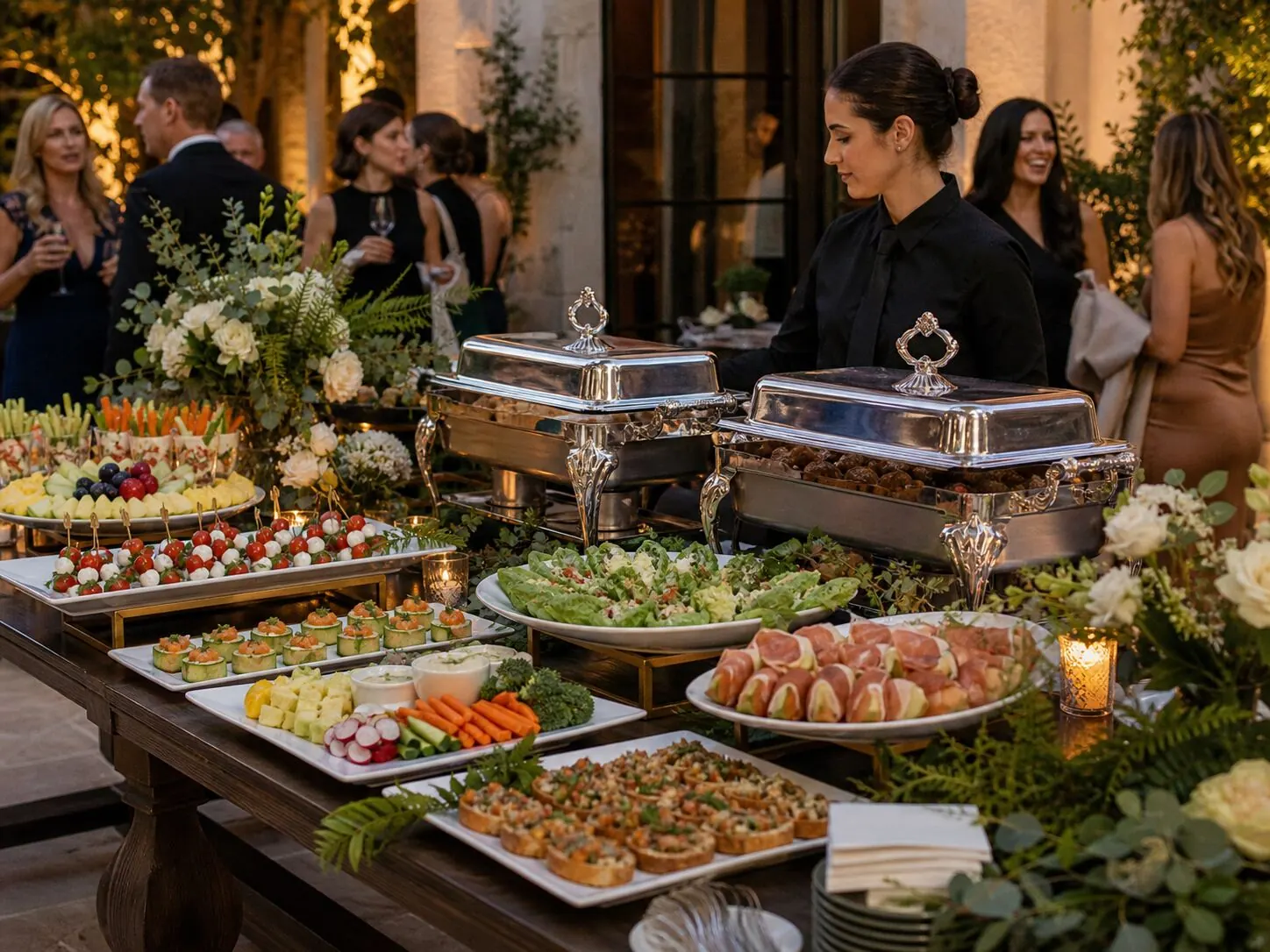 Attended hors d'oeuvres station framed with fresh blooms beside warm chafers on a garden terrace