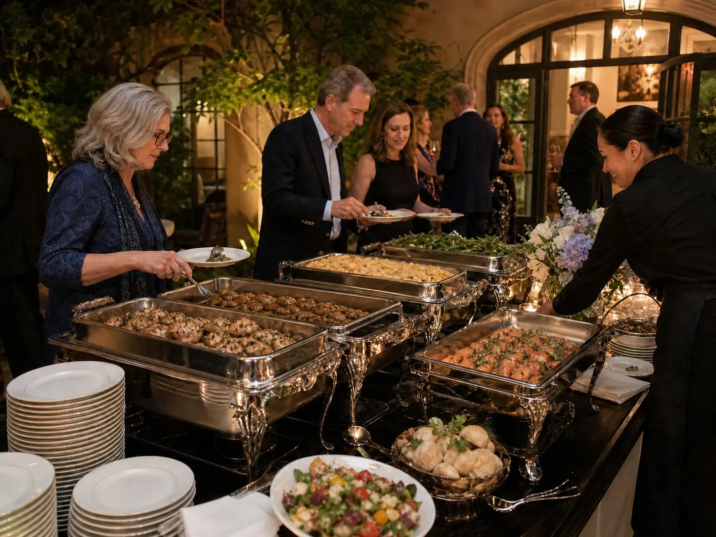 Courtyard dinner line at dusk with attendants working silver chafers under candlelight