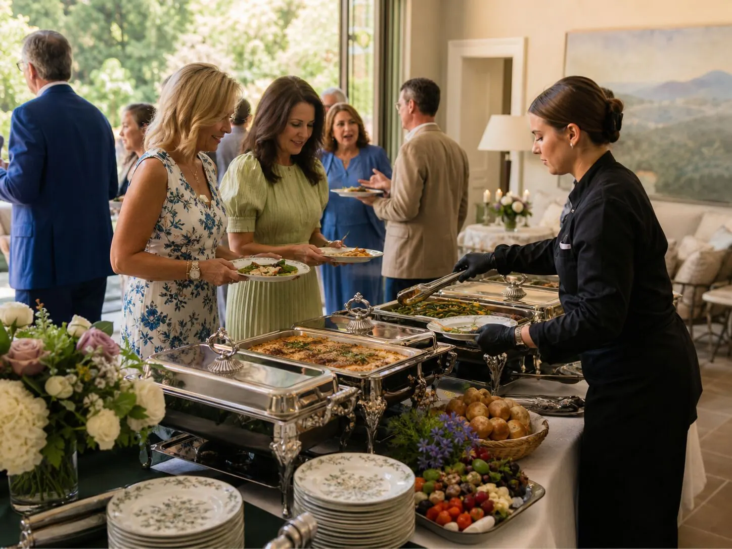 Server plating guests from polished chafers at a sunlit garden luncheon buffet