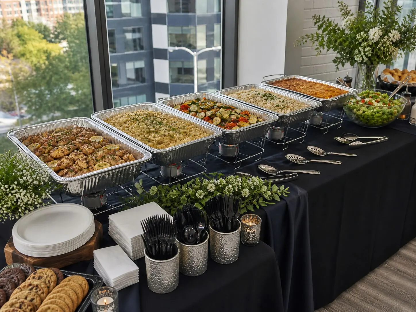 Hot lunch trays of pasta, roasted vegetables, and salad delivered to a University Avenue office in Palo Alto by Palo Alto Catering Company