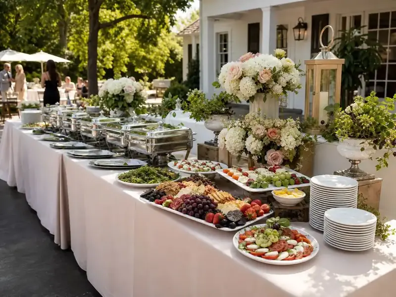Palo Alto Catering Company reception buffet arranged with refined place settings, seasonal dishes, lanterns, and lush centerpieces.
